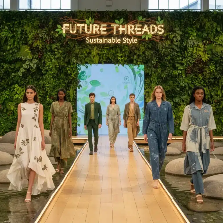 Models on runway wearing sustainable fashion, showcasing eco-friendly designs and materials for 2026.