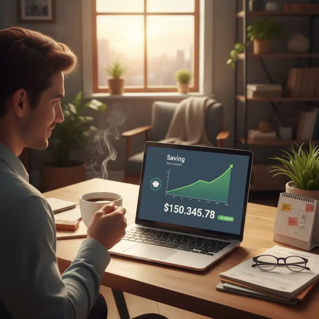 Woman tracking emergency fund growth on banking app at home
