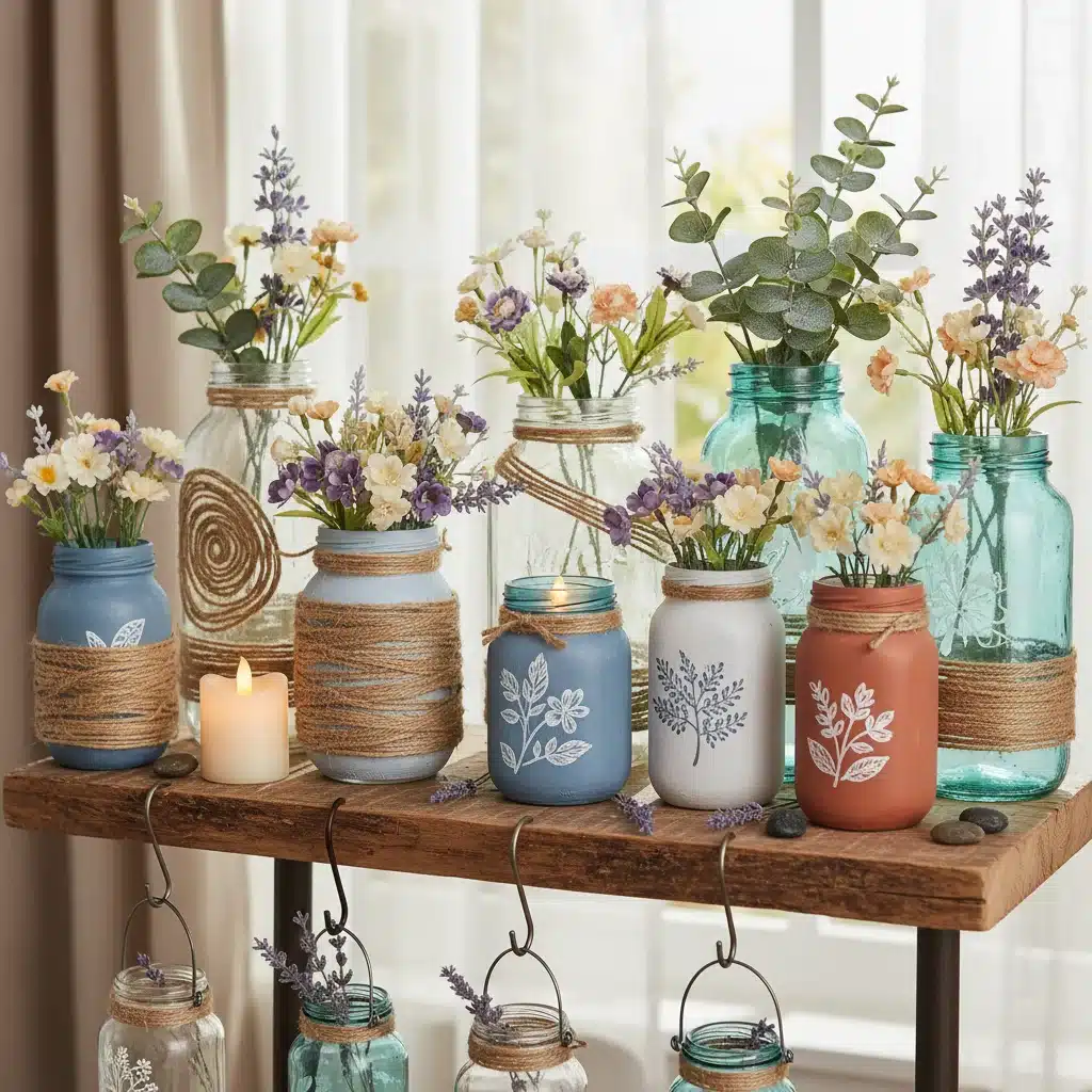Upcycled glass jars used as decorative vases and candle holders