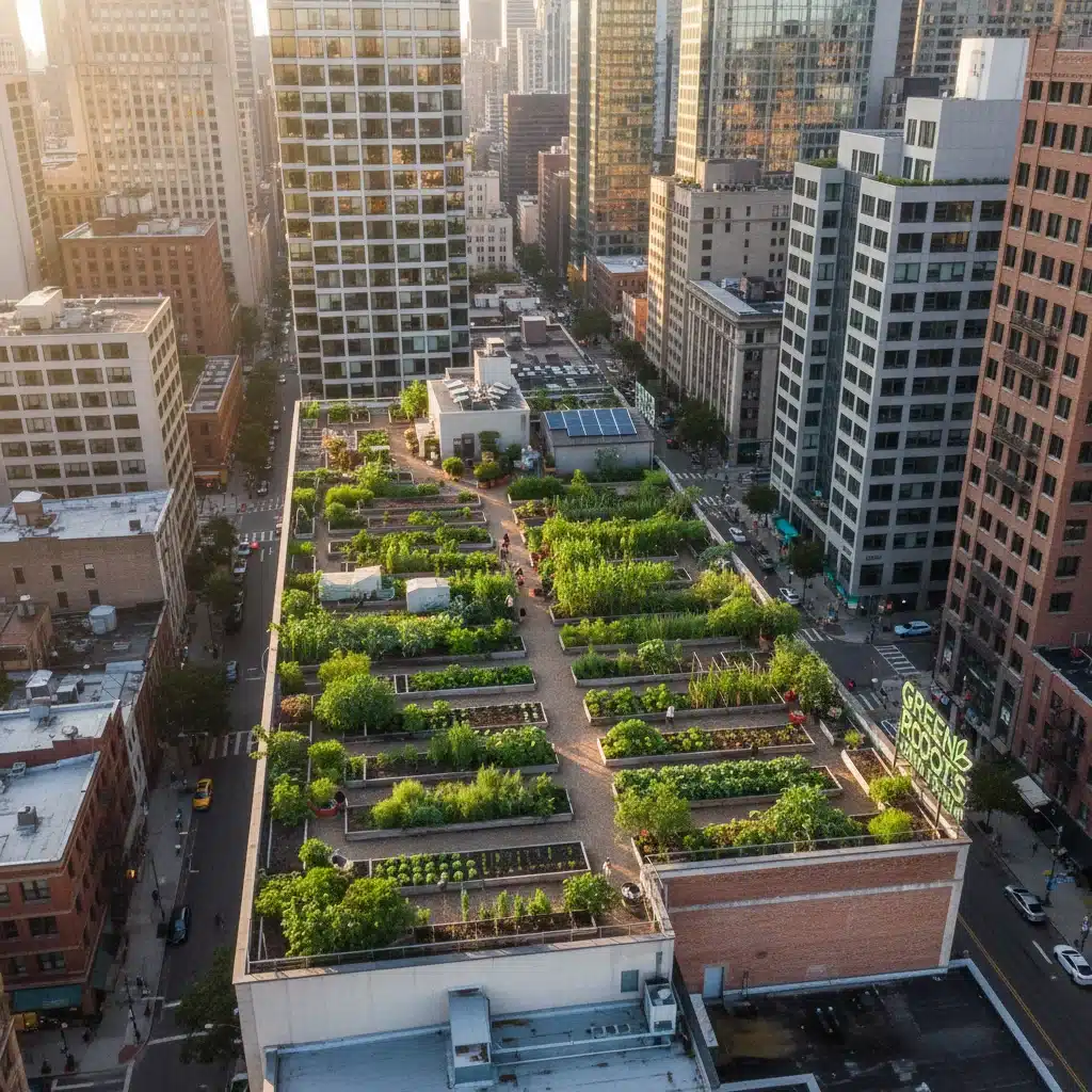 Aerial view of a vibrant urban community garden amidst city buildings.