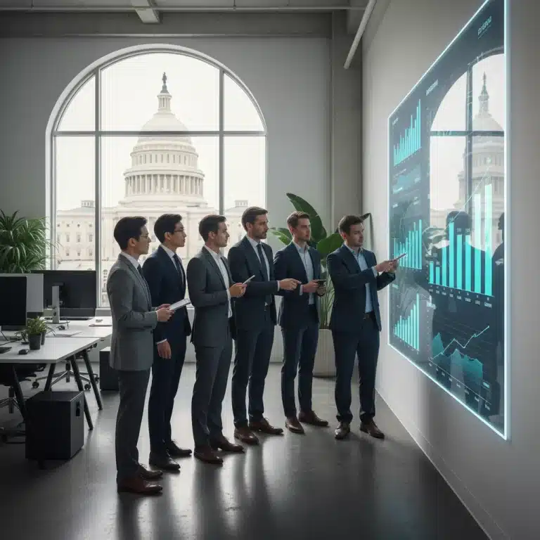 Professionals analyzing economic data and U.S. fiscal policy changes for 2026