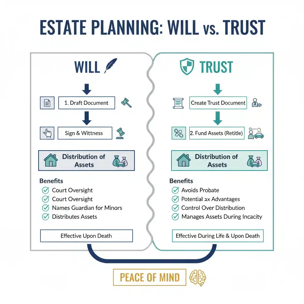 Infographic comparing wills and trusts, clarifying estate planning tools