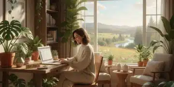 Person happily balancing work and personal life in a peaceful home office setting.