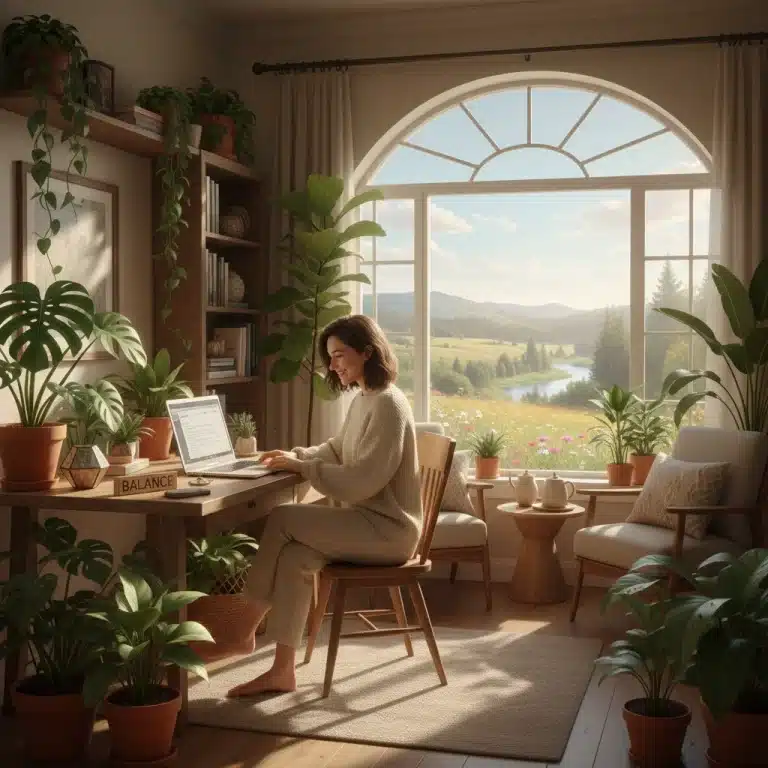 Person happily balancing work and personal life in a peaceful home office setting.