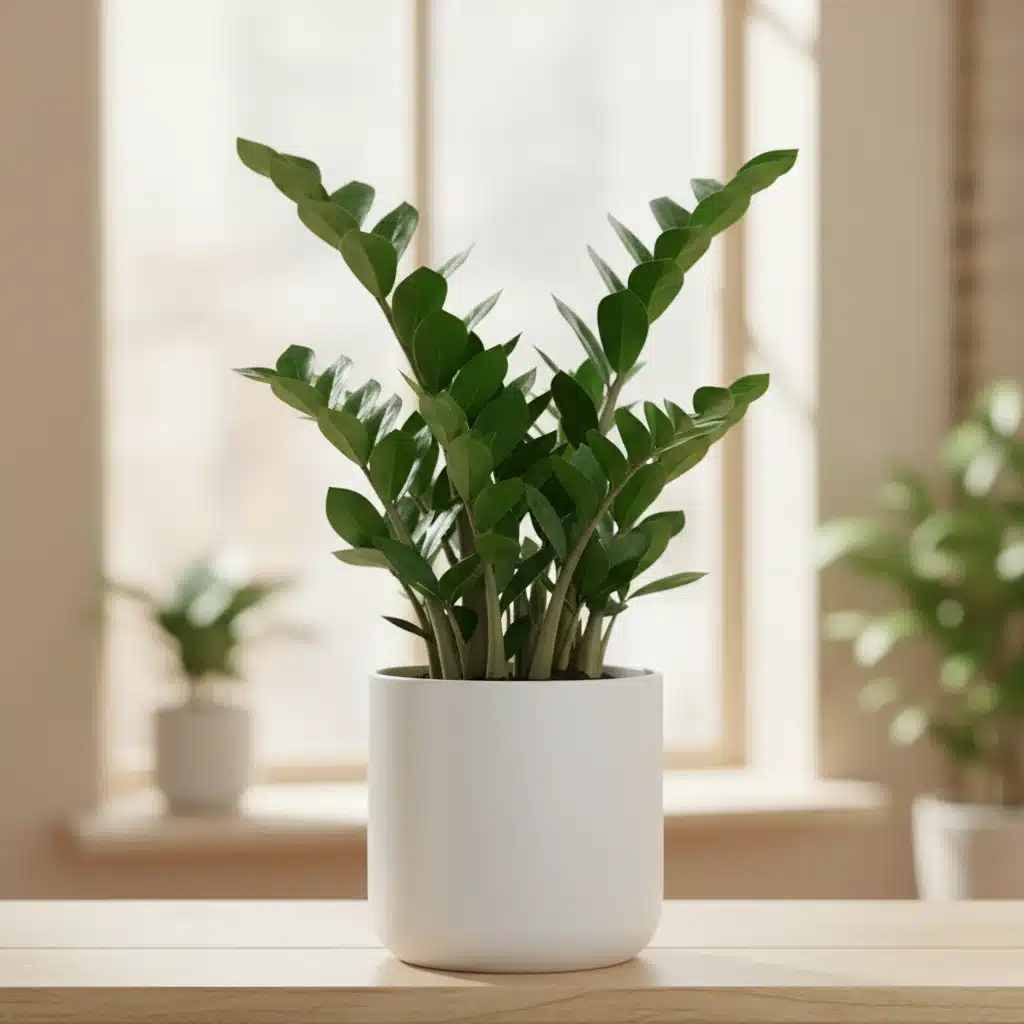Glossy green ZZ plant in minimalist pot on wooden shelf